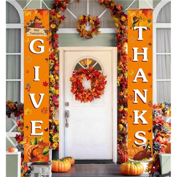 GIVE THANKS Banner Porch Door Sign Autumn Fall Welcome Banner For Indoor Outdoor - Picture 1 of 8